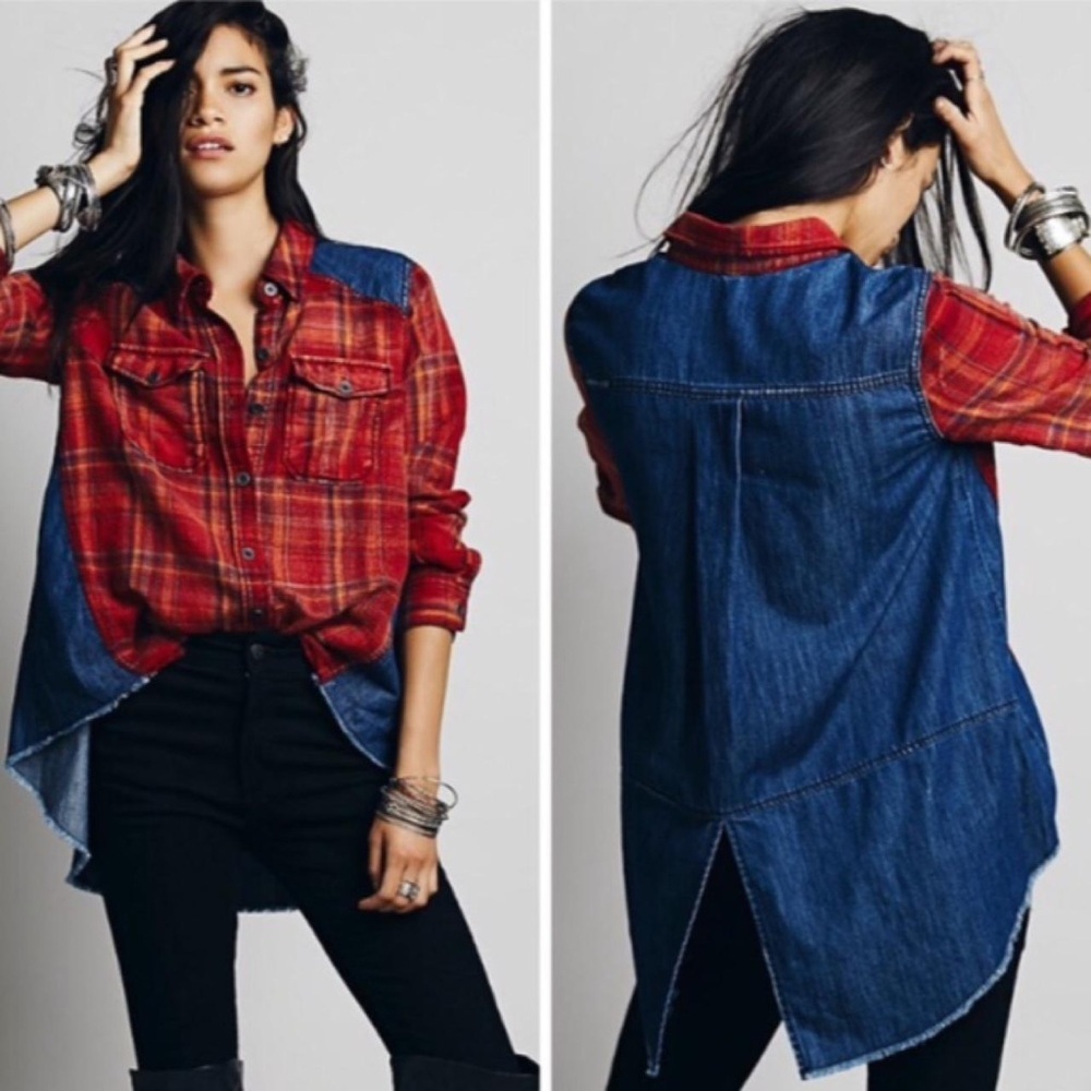 Free People Runaway Plaid & Denim Mixed Media High Low Button Down Shirt M
